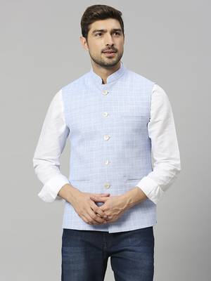 sky blue linen blend chex nehru jacket 1