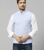 sky blue linen blend chex nehru jacket