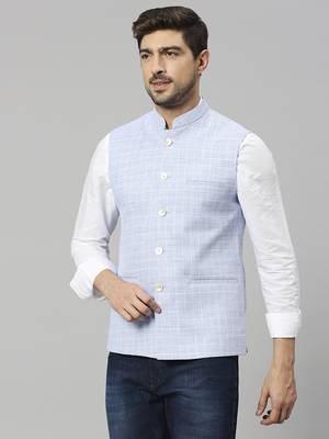 sky blue linen blend chex nehru jacket 2