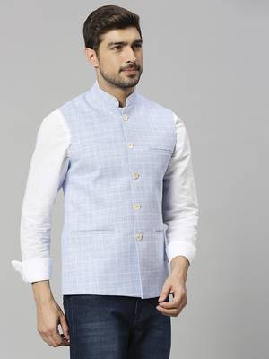 sky blue linen blend chex nehru jacket 3