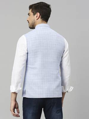 sky blue linen blend chex nehru jacket 4