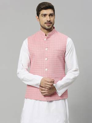 pink linen blend chex nehru jacket 1