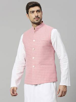pink linen blend chex nehru jacket 2
