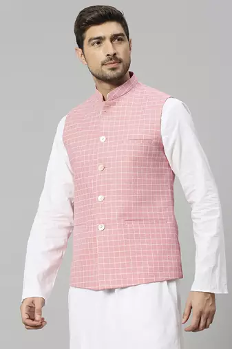 pink linen blend chex nehru jacket