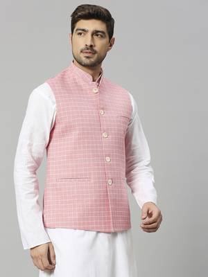 pink linen blend chex nehru jacket 3