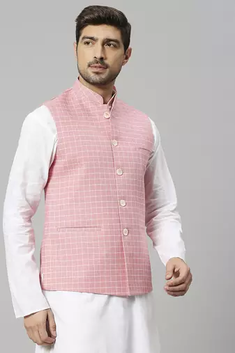 pink linen blend chex nehru jacket