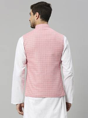 pink linen blend chex nehru jacket 4