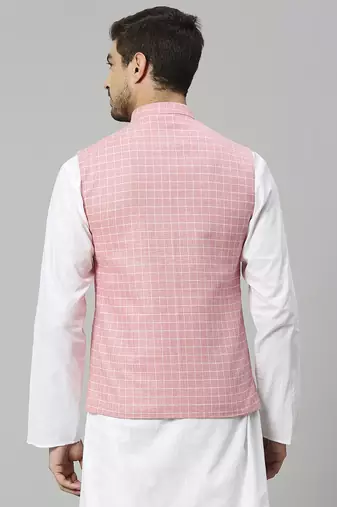 pink linen blend chex nehru jacket