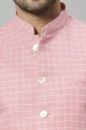 pink linen blend chex nehru jacket