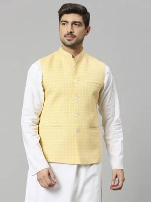 yellow linen blend chex nehru jacket 1