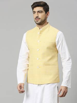yellow linen blend chex nehru jacket 2