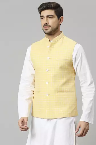 yellow linen blend chex nehru jacket