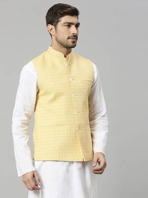 yellow linen blend chex nehru jacket 3