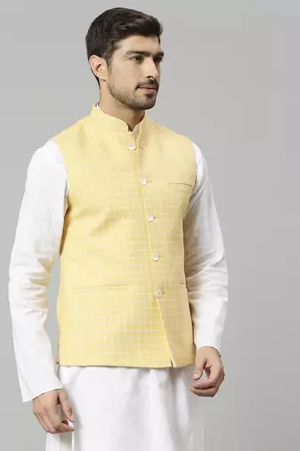 yellow linen blend chex nehru jacket