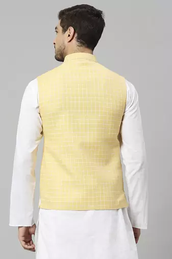 yellow linen blend chex nehru jacket