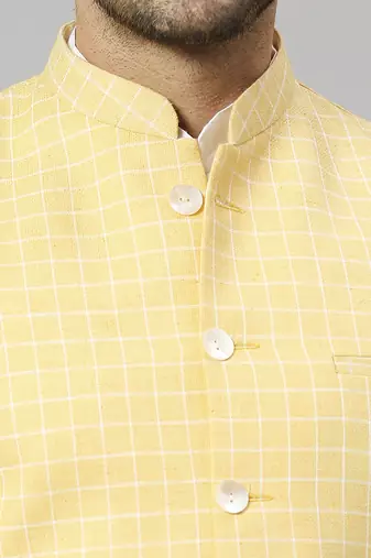 yellow linen blend chex nehru jacket