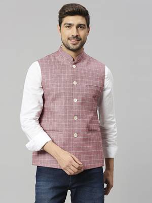 Mountbatten pink linen blend chex nehru jacket for men 1