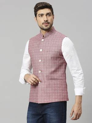 Mountbatten pink linen blend chex nehru jacket for men 2
