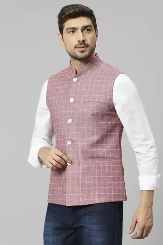 Mountbatten pink linen blend chex nehru jacket for men