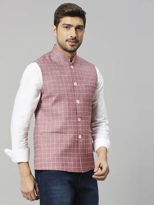 Mountbatten pink linen blend chex nehru jacket for men 3
