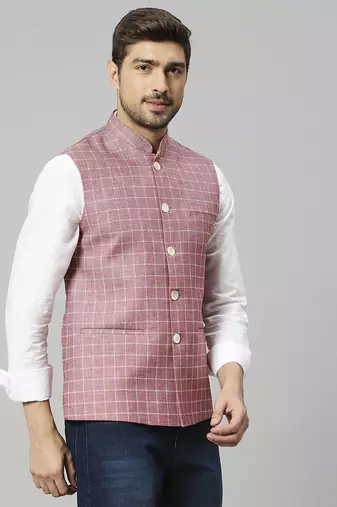Mountbatten pink linen blend chex nehru jacket for men