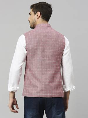 Mountbatten pink linen blend chex nehru jacket for men 4