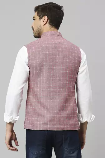Mountbatten pink linen blend chex nehru jacket for men