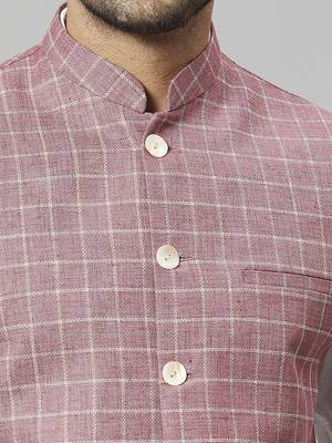 Mountbatten pink linen blend chex nehru jacket for men 5