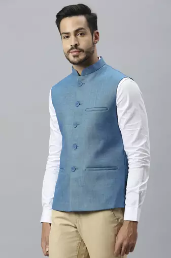 blue solid nehru jacket