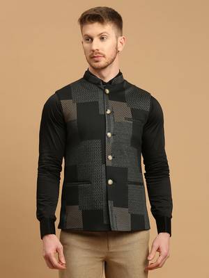 Dark grey knitted geometic jacquard nehru jacket 1