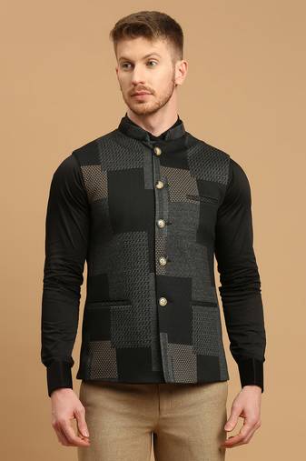 Dark grey knitted geometic jacquard nehru jacket