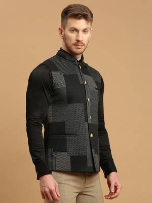 Dark grey knitted geometic jacquard nehru jacket 3