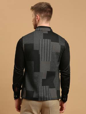 Dark grey knitted geometic jacquard nehru jacket 4