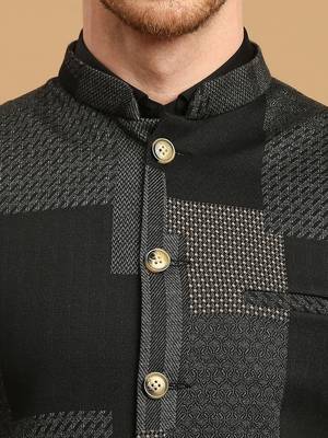 Dark grey knitted geometic jacquard nehru jacket 5