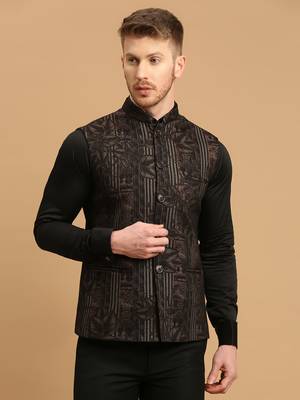 Black knitted leaf and stripe print nehru jacket 1