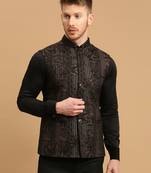 Black knitted leaf and stripe print nehru jacket