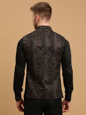 Black knitted leaf and stripe print nehru jacket 4