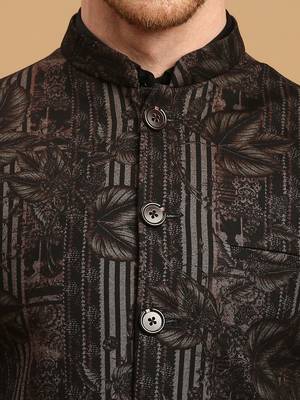 Black knitted leaf and stripe print nehru jacket 5