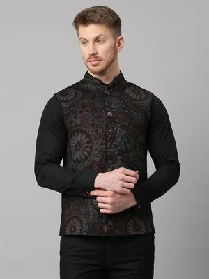 Black knitted motif print nehru jacket 1
