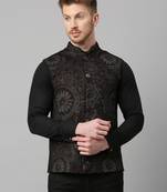 Black knitted motif print nehru jacket