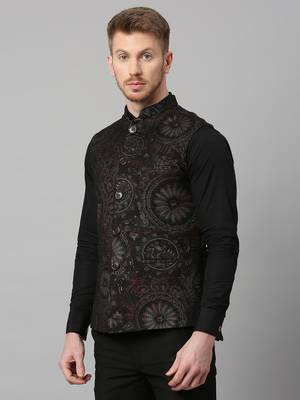 Black knitted motif print nehru jacket 2