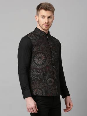 Black knitted motif print nehru jacket 3