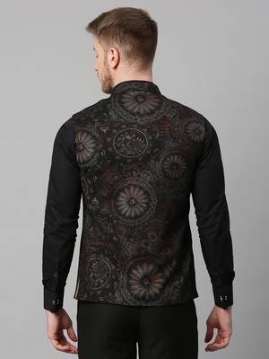 Black knitted motif print nehru jacket 4