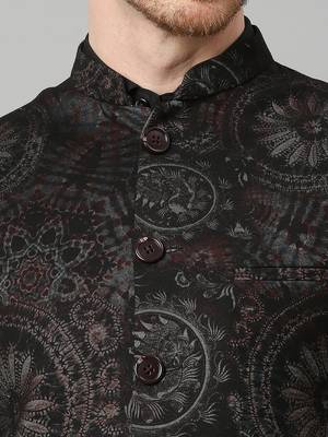 Black knitted motif print nehru jacket 5