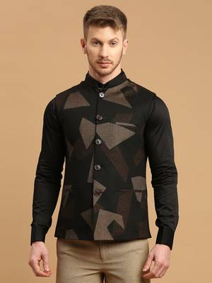Black knitted nehru jacket with brown geometric print 1