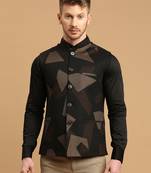 Black knitted nehru jacket with brown geometric print