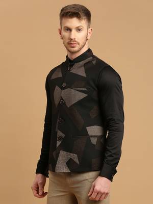 Black knitted nehru jacket with brown geometric print 2
