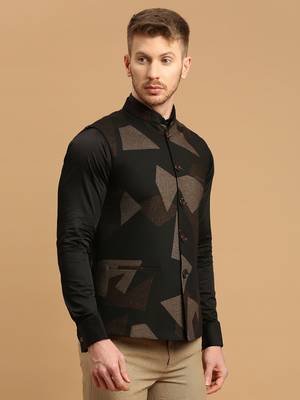 Black knitted nehru jacket with brown geometric print 3