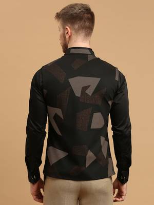 Black knitted nehru jacket with brown geometric print 4
