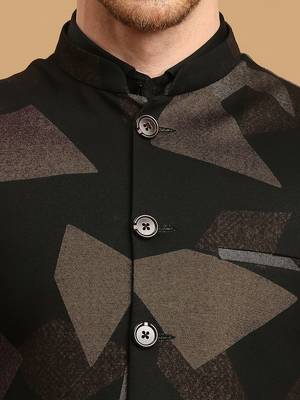 Black knitted nehru jacket with brown geometric print 5